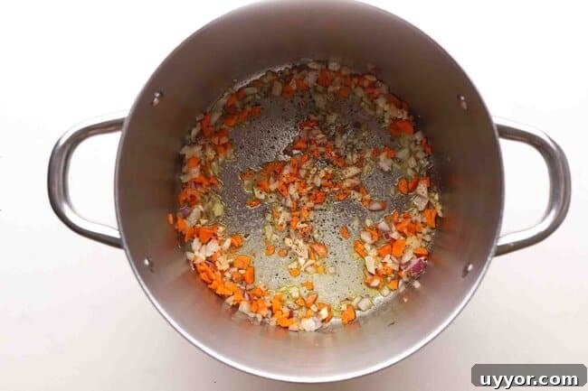 Hearty Chicken and Cabbage Soup Without Tomatoes 3 Sauteing onion and carrot in a pot.