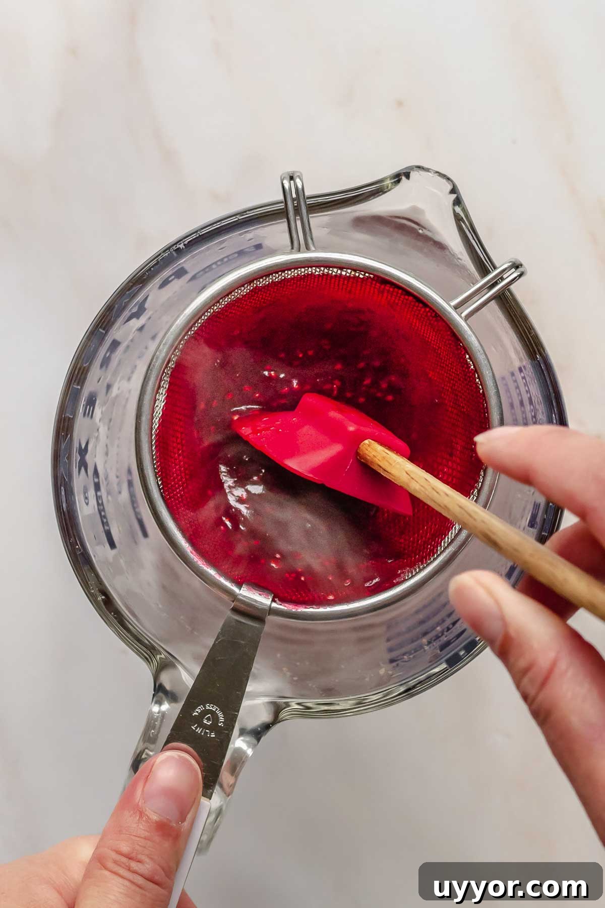 A hand pressed cranberry puree through a fine mesh sieve.