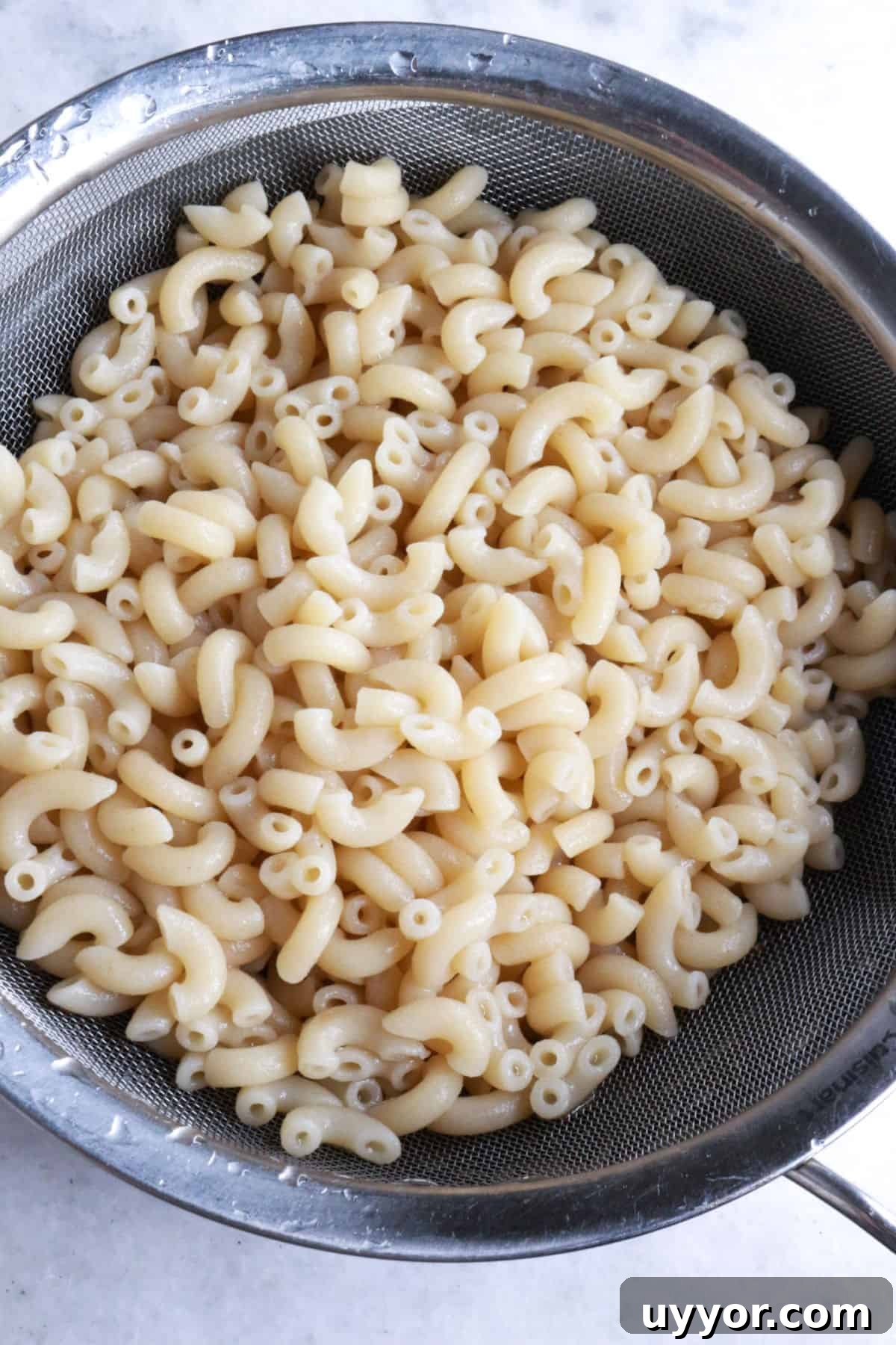 Draining macaroni noodles in a sieve