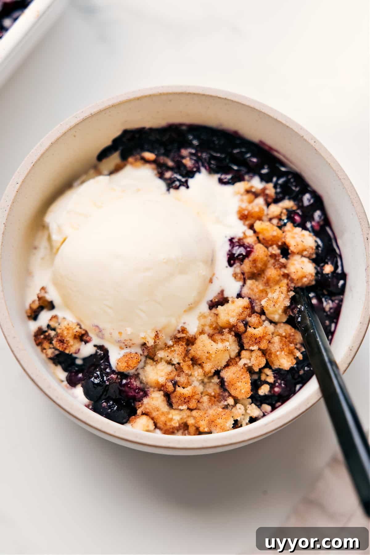 Absolutely The Best Blueberry Cobbler Recipe Blueberry Cobbler Recipe served in a bowl with a scoop of vanilla ice cream on top.