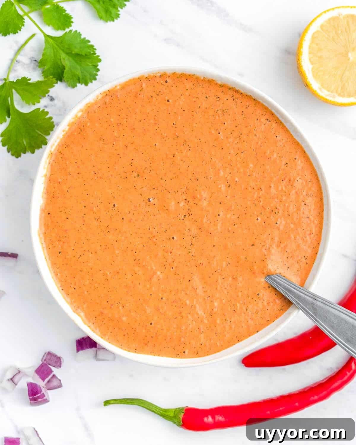 a bowl with peri peri sauce with a spoon in it. 
