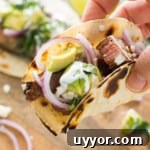 Hand holding chile lime steak taco