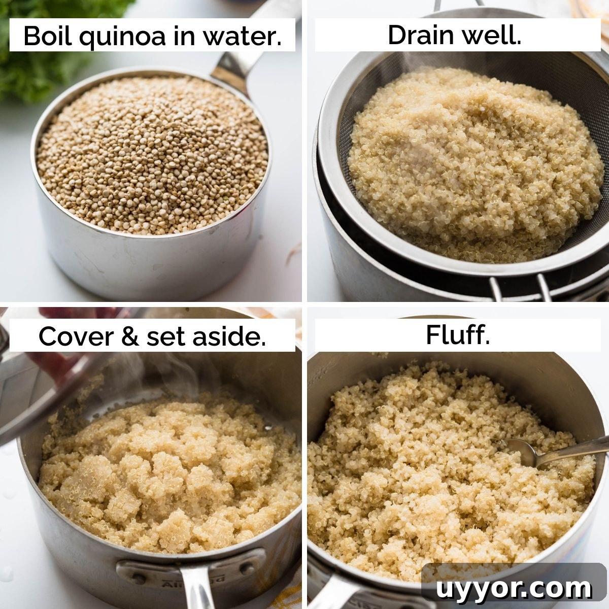 4 steps for perfectly steamed quinoa.