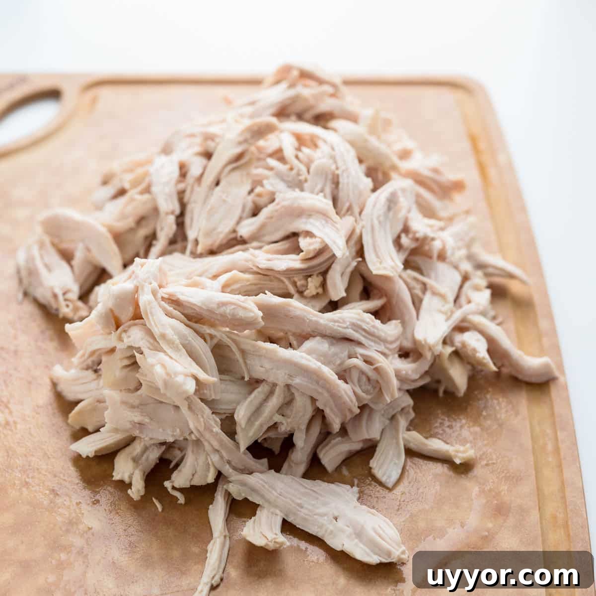 shredding cooked chicken for the Mediterranean quinoa salad.