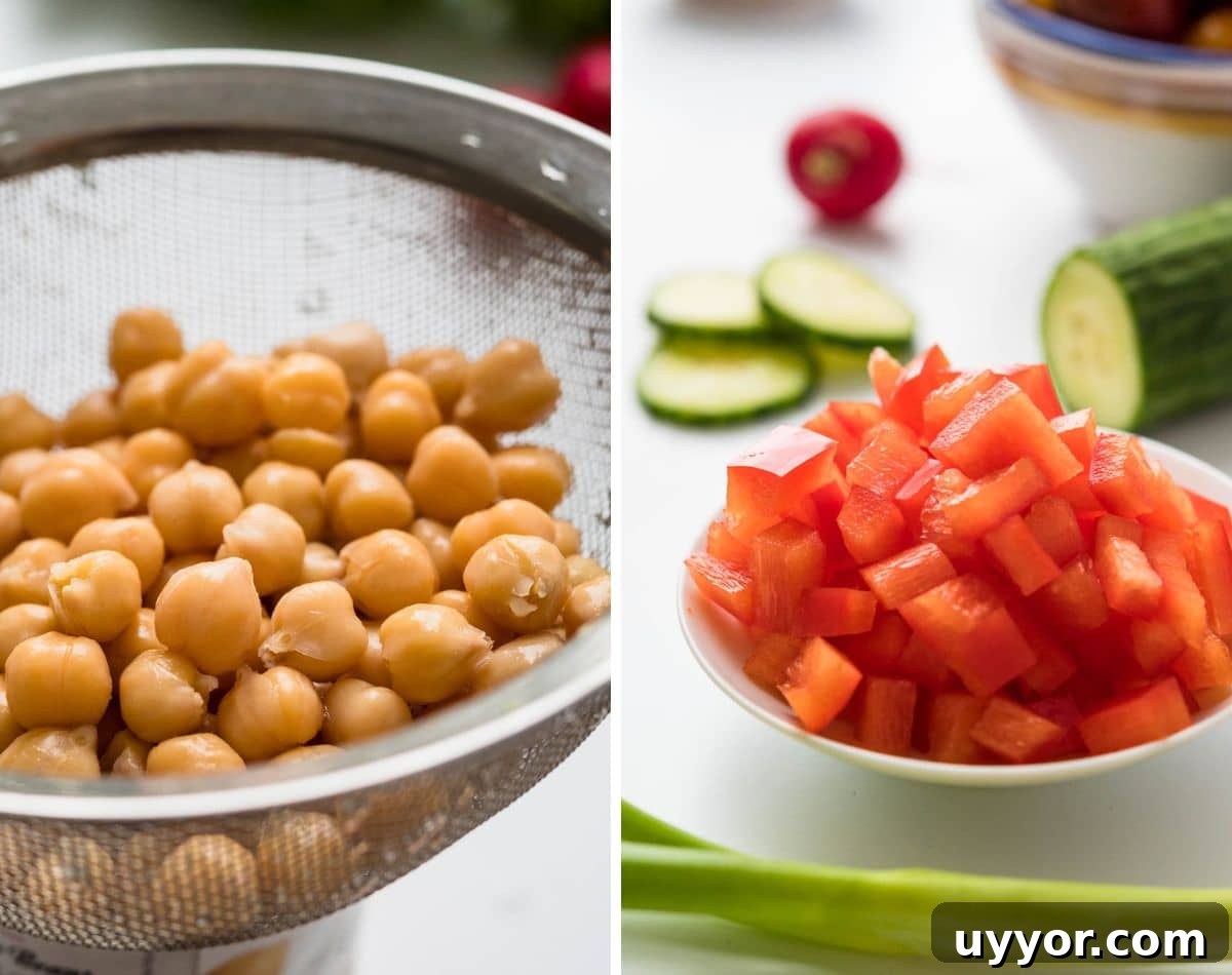 draining chick peas and chopping vegetables. 