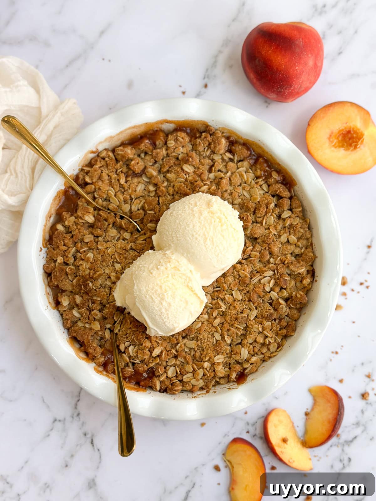 Brown Butter Peach Crisp Recipe — Warm Summer Dessert 12 the whole brown butter peach crisp topped with vanilla ice cream.
