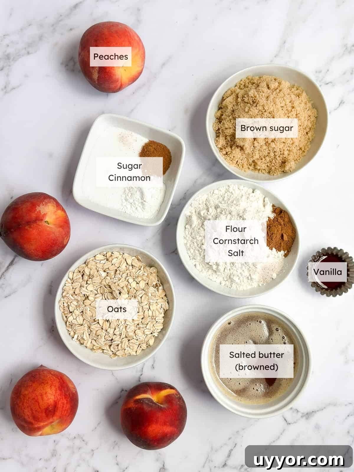 Brown Butter Peach Crisp Recipe — Warm Summer Dessert 4 All of the ingredients needed to make brown butter peach crisp.