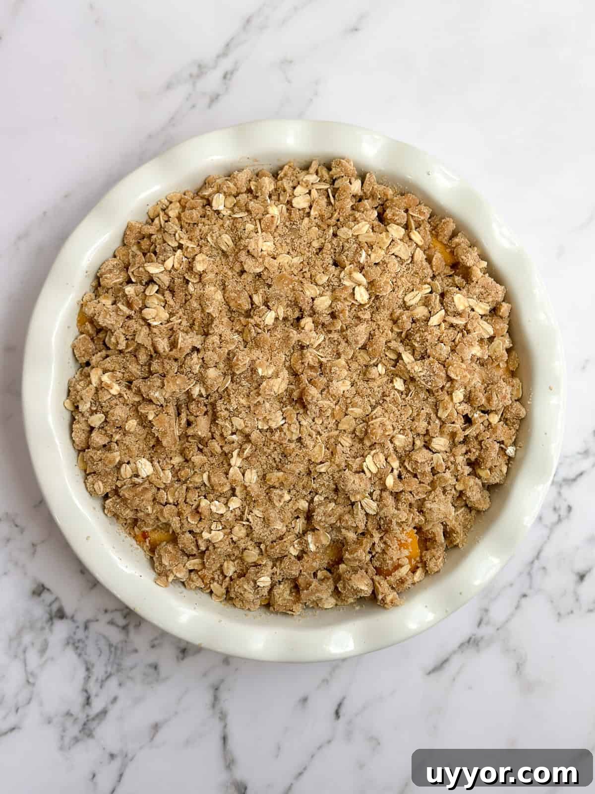 Brown Butter Peach Crisp Recipe — Warm Summer Dessert 9 everything in the baking dish before baking.