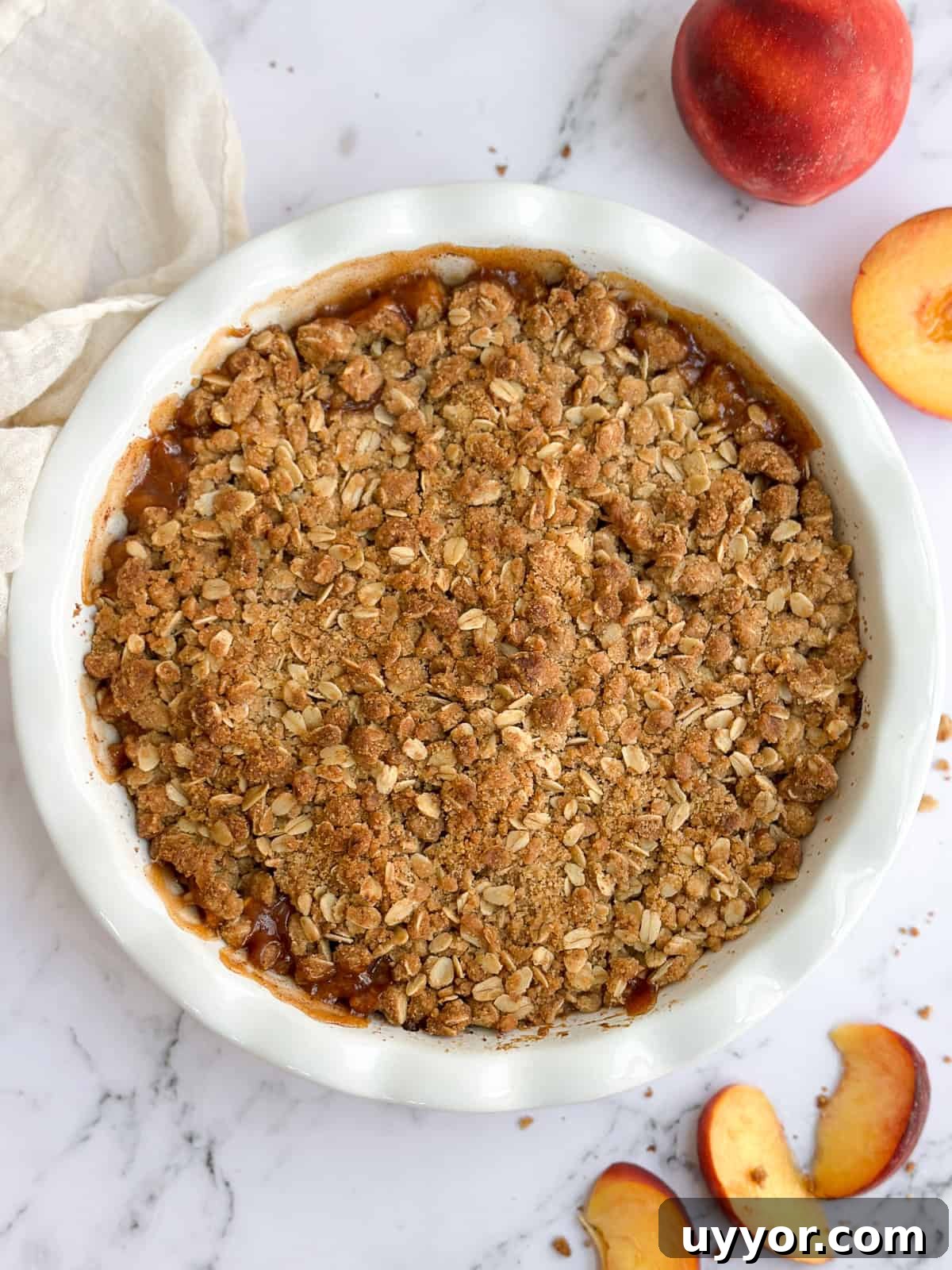 Brown Butter Peach Crisp Recipe — Warm Summer Dessert 10 brown butter peach crisp after baking.