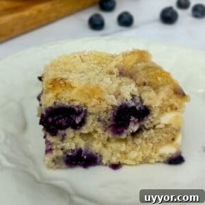 Amish Blueberry Coffee Cake Recipe for Tender, Rustic Crumb 7 slice of Amish blueberry cream cheese coffeecake on a platter and blueberries scattered around
