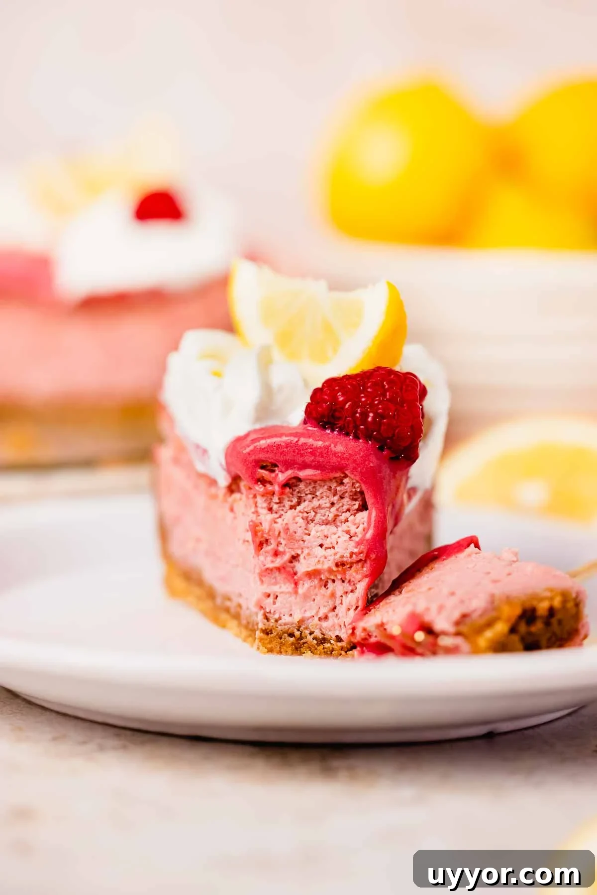 Lemon Raspberry Cheesecake Recipe: Zesty Citrus Cheesecake with Fresh Berries 5 slice of lemon raspberry cheesecake with fork taking a bite