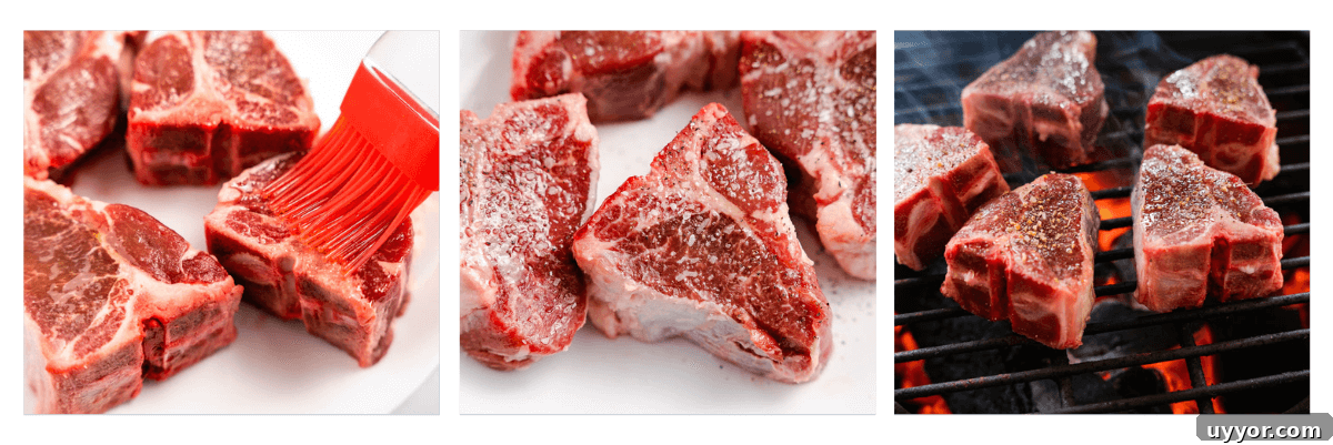 Three photo collage showing oil brushed on a lamb chop, seasoned chops with salt and pepper, and chops on a hot grill.