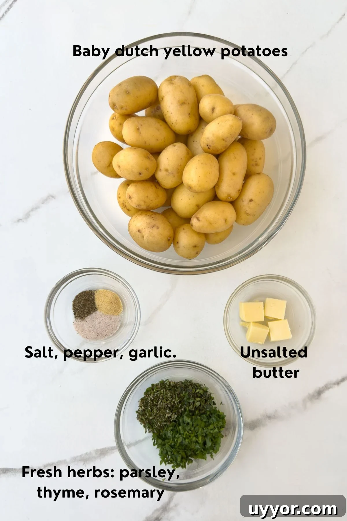 Buttery Baby Dutch Yellow Potatoes Recipe for Tender Roasted Spuds 3 Ingredients for Baby dutch yellow potatoes on the counter.