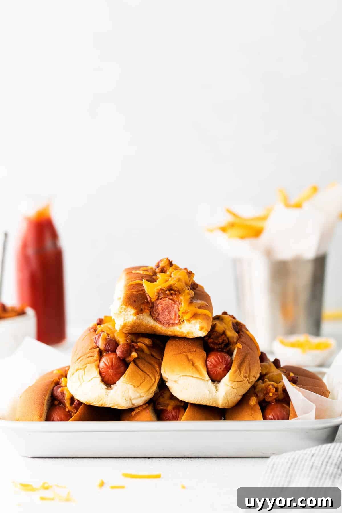 Stack of chili cheese dogs Stack of chili cheese dogs.
