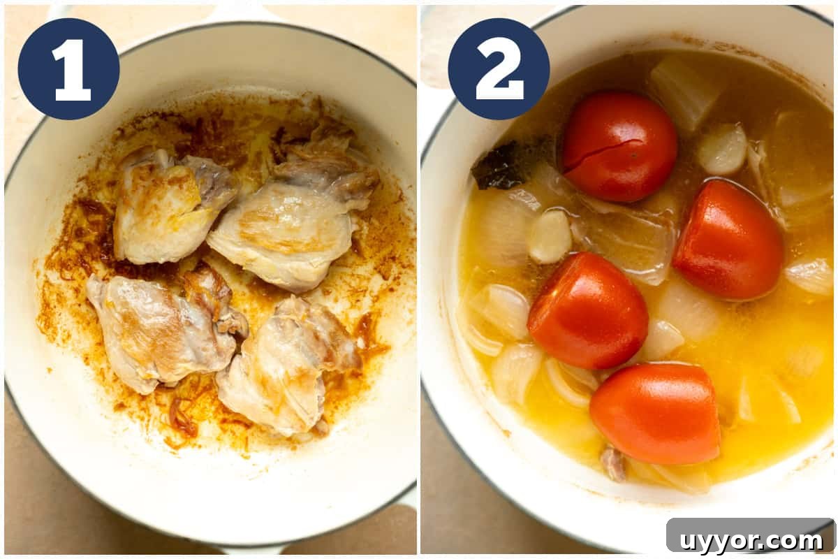 Authentic Chicken Tinga Recipe: Smoky Mexican Shredded Chicken 4 Picture collage chicken thighs searing in a dutch oven, then tomatoes, garlic, onion being simmered in the same pot.