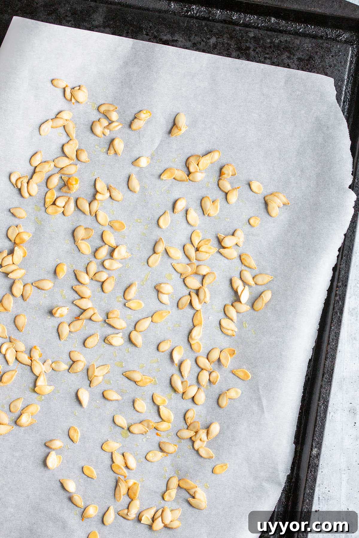 Crispy Roasted Honeynut Squash Seeds Recipe 8 Squash seeds on a cooking sheet