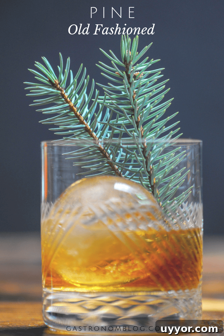 A Pine Old Fashioned in a lowball glass garnished with pine.