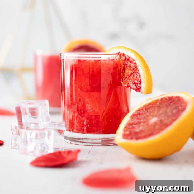 Glass of blood orange whisky sour, garnished with a slice of blood orange, with an orange slice ice cubes and rose petals in the foreground.