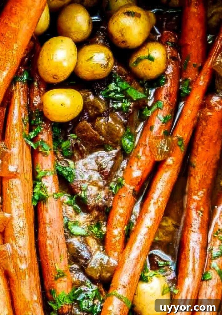 Balsamic Dijon Chuck Roast: Flavorful Pot Roast Recipe 3 Close-up of braised carrots and baby potatoes with fresh herbs in a rich balsamic-Dijon gravy for a pot roast recipe