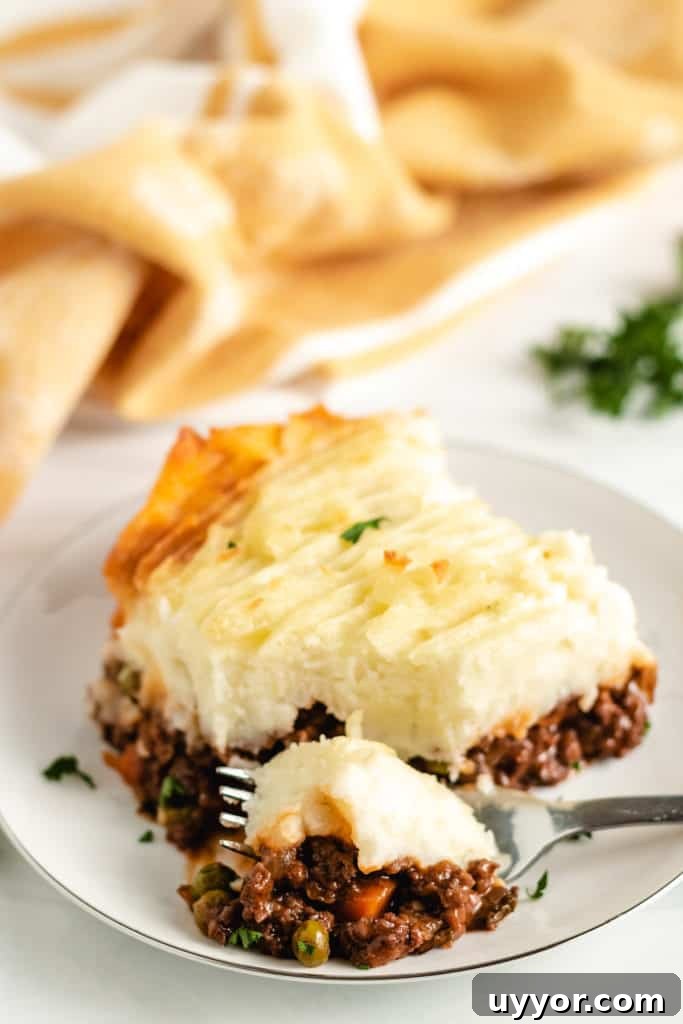 Serving of shepherd's pie on a white plate.