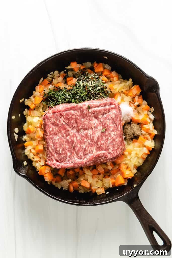 Top down view of uncooked ground beef with carrots and onions.