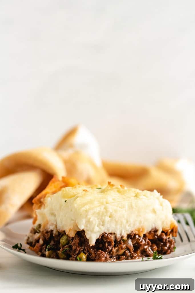 Shepherd's pie with cheesy potatoes on a serving plate.