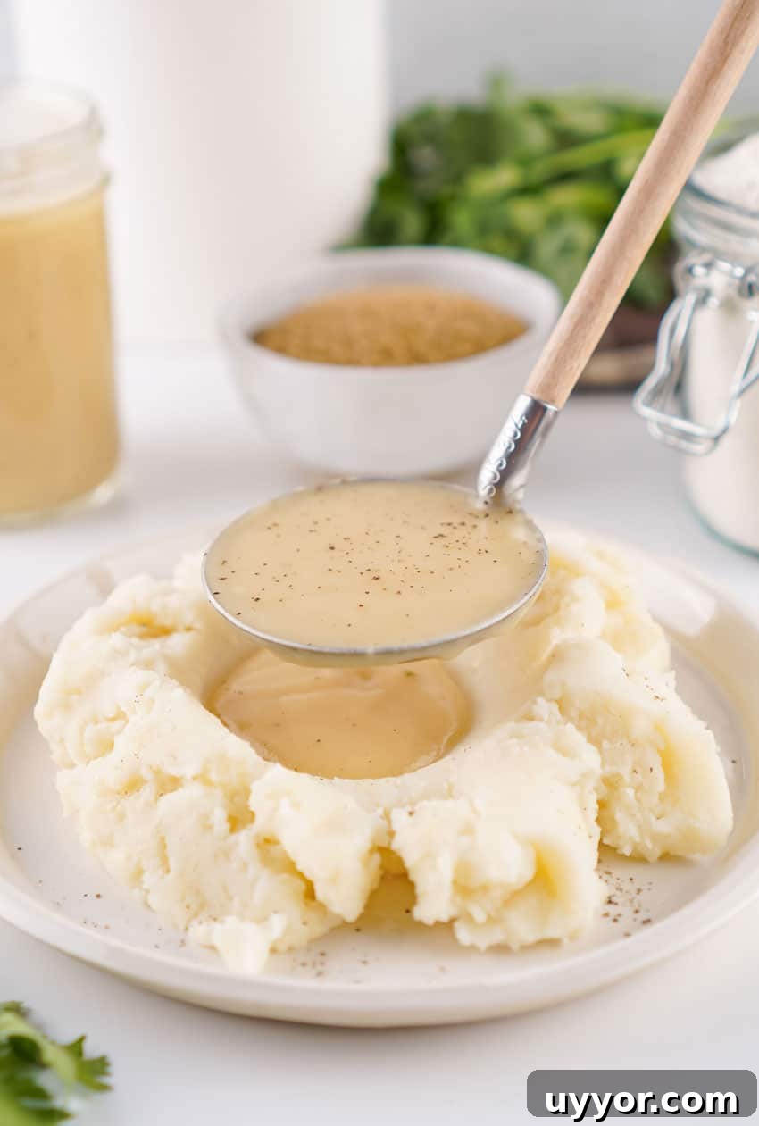 Homemade Brown Gravy Mix Recipe: Make and Store from Scratch 8 easy homemade brown gravy being ladled over mashed potatoes on a white plate