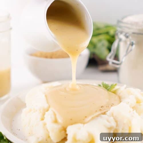 Homemade Brown Gravy Mix Recipe: Make and Store from Scratch 9 homemade brown gravy mix being poured over mashed potatoes on a white plate
