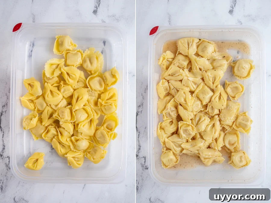 Tortellini Skewers: Bite-Sized Appetizer with Pesto and Cherry Tomatoes 5 Collage showing the cooked and marinated tortellini in a Tupperware container.