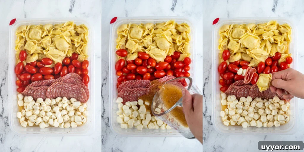 Tortellini Skewers: Bite-Sized Appetizer with Pesto and Cherry Tomatoes 6 Collage showing the making of tortellini skewers including the ingredients in a container with Italian dressing and making a skewer.