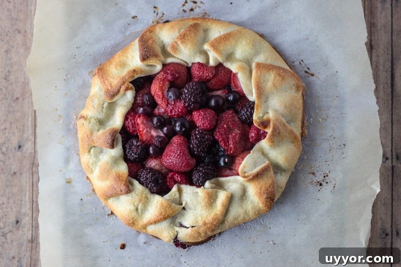 Rustic Berry Tart is a great way to use seasonal berries! You can make your own pie crust from scratch or keep it simple with a pre-made crust from the store! overhead view of cooked rustic berry tart