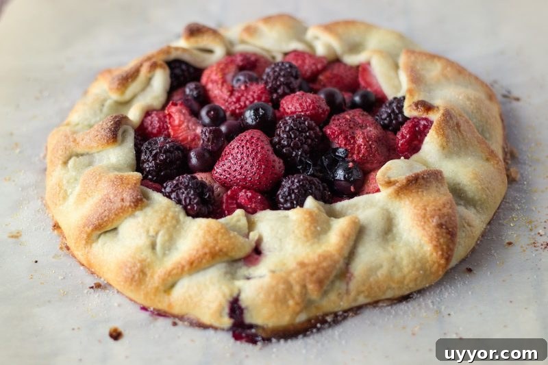 Rustic Berry Tart is a great way to use seasonal berries! You can make your own pie crust from scratch or keep it simple with a pre-made crust from the store! Rustic Berry Tart with golden brown crust