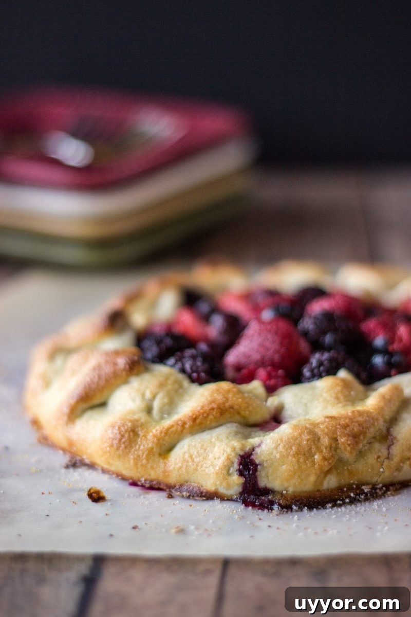 Rustic Berry Tart is a great way to use seasonal berries! You can make your own pie crust from scratch or keep it simple with a pre-made crust from the store! rustic berry tart after cooling, ready to be sliced