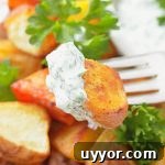 Crispy Oven-Roasted Potatoes with Creamy Herb Dipping Sauce 7 close up view of oven roasted potato on fork