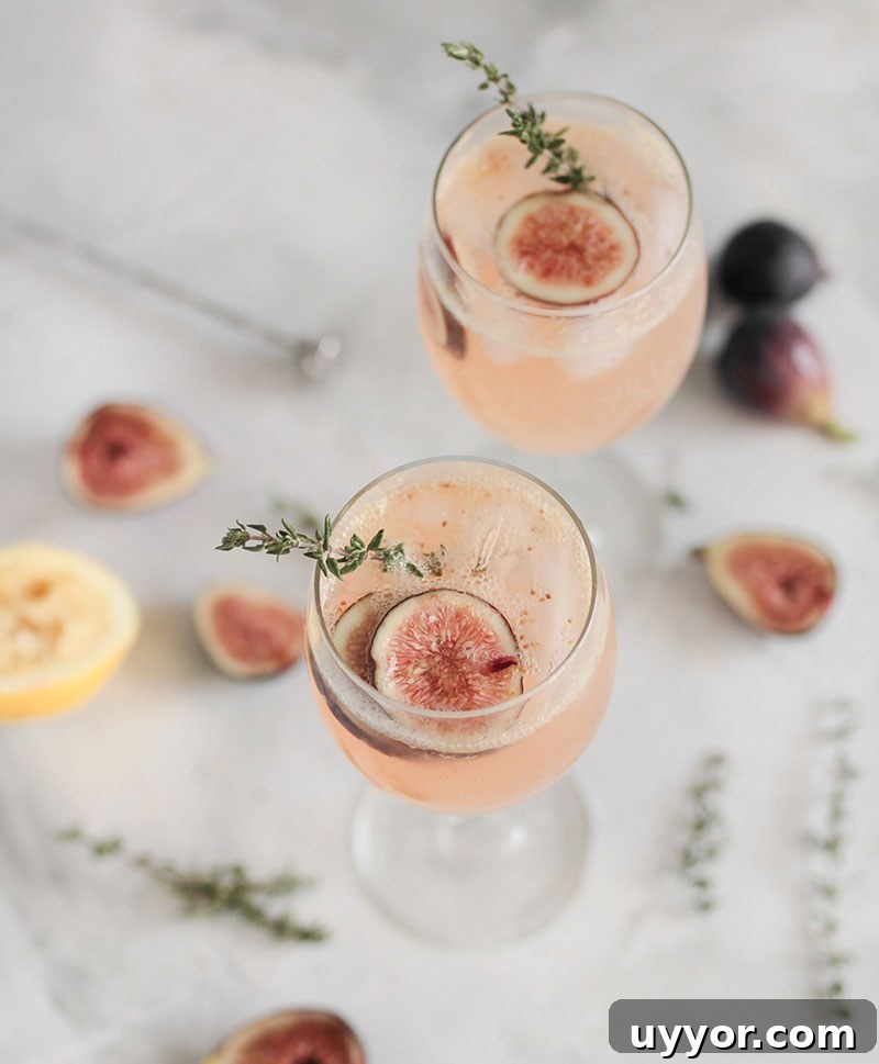 Balsamic Fig Shrub Recipe with Fresh Figs for Cocktails and Dressings 4 Fig shrub mocktail in a wine glass with a sprig of thyme