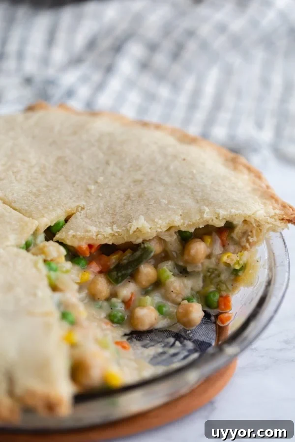 Hearty Chickpea Pot Pie (Vegan Comfort Dish) 2 close up shot of chickpea pot pie in the pan