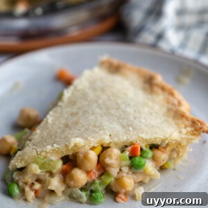 Hearty Chickpea Pot Pie (Vegan Comfort Dish) 6 slice of chickpea pot pie filled with chickpeas and veggies with the full pie in the background