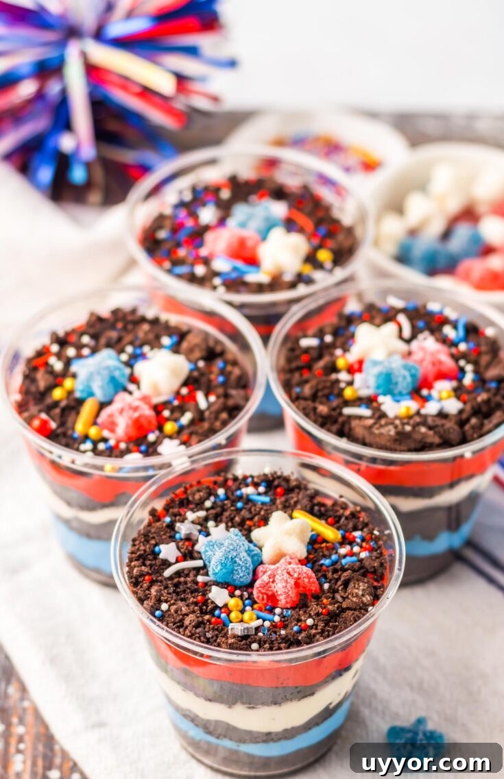 dirt cups with patriotic decorations