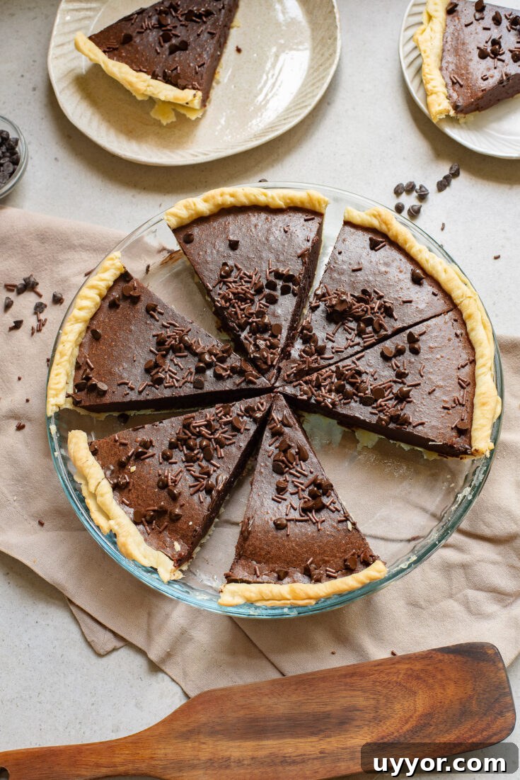 chocolate pie sliced on a plate