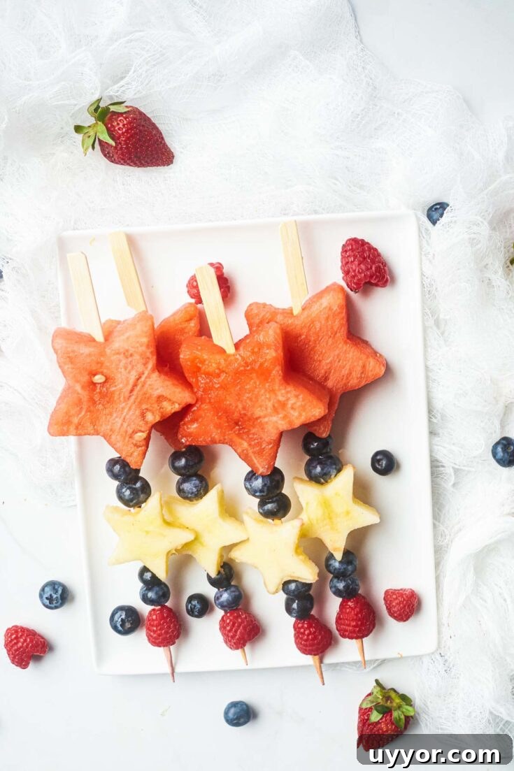 4th of july fruit kabobs on a plate