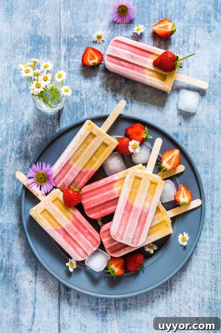 peach strawberry popsicles on a plate