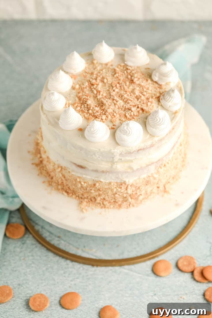 banana pudding cake on a cake stand