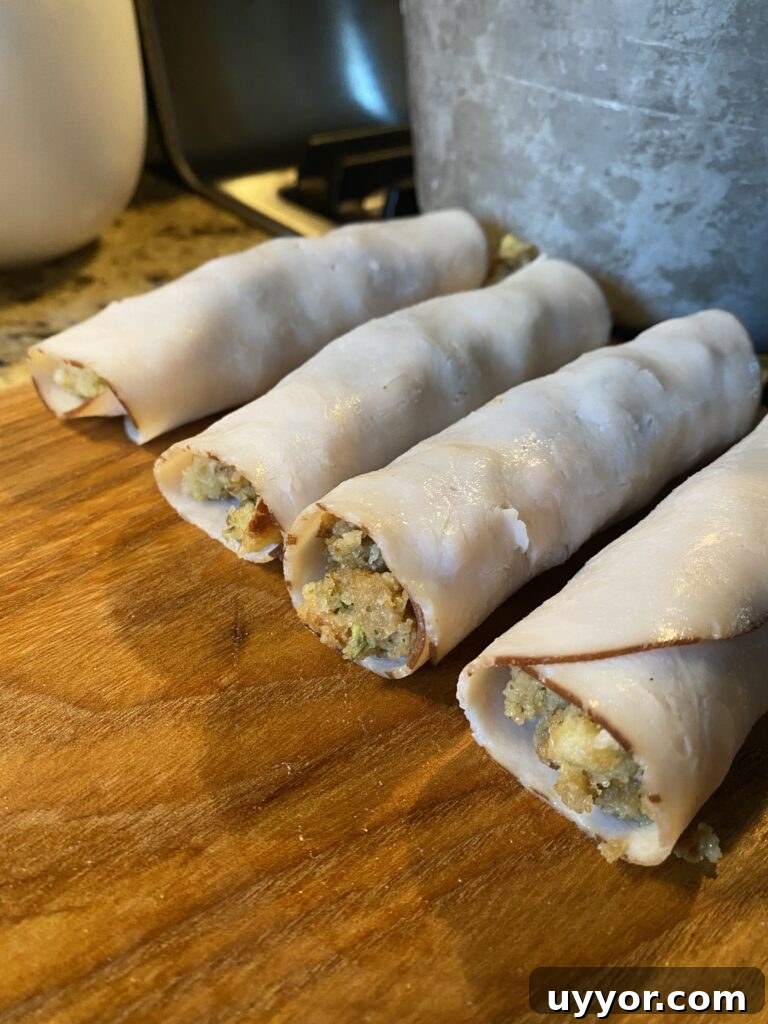 Creamy-Gravy Stuffed Turkey Roll-Ups for Holiday Dinner 5 Deli turkey slices wrapped around stuffing