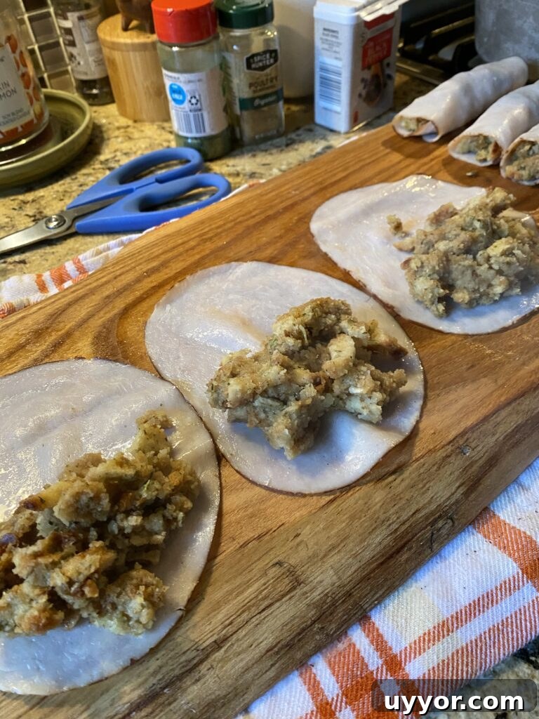 Creamy-Gravy Stuffed Turkey Roll-Ups for Holiday Dinner 6 Slices of deli turkey with stuffing on top
