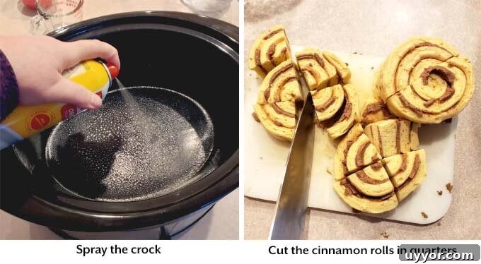 Crockpot Cinnamon Roll Casserole: Gooey Breakfast Baking Recipe 3 Slow Cooker sprayed with oil and cinnamon rolls cut