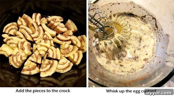 Crockpot Cinnamon Roll Casserole: Gooey Breakfast Baking Recipe 4 Addition of cinnamon rolls to crock pot and making custard