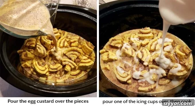 Crockpot Cinnamon Roll Casserole: Gooey Breakfast Baking Recipe 5 Addition of custard and icing to make crock pot Cinnamon Roll