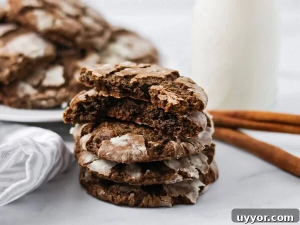 Three Mexican crinkle cookies stacked with the top one broken in half.
