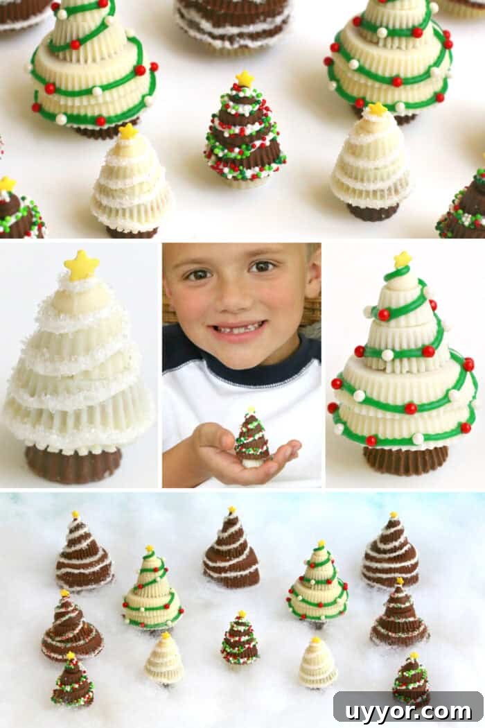 These Reese's Peanut Butter Cup Christmas Trees are so fun and easy to make. Reese's Peanut Butter Cup Trees collage