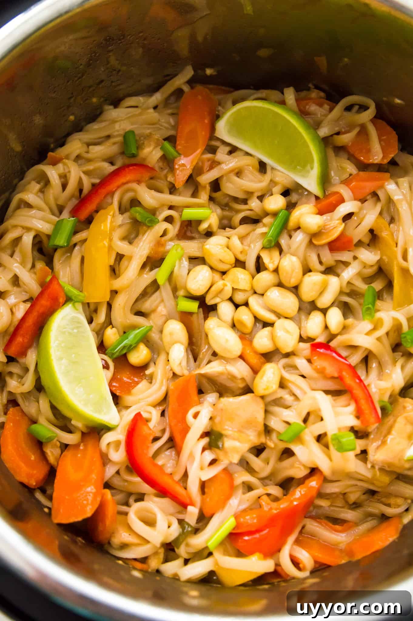 An Instant Pot with chicken pad Thai in it topped with lime wedges and peanuts.